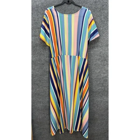 Eloquii Stripe Wrap Tie Maxi Dress Womens 24 Rainbow V-Neck Short Sleeve NEW - Picture 4 of 10